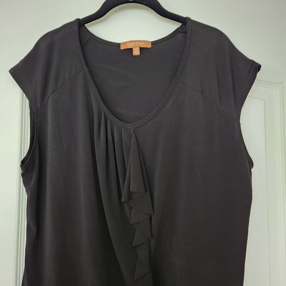 Ellen Tracy Scoop Neck Cap Slv Front Ruffle Casual/Dressy Pullover Top XL Black - Picture 2 of 7